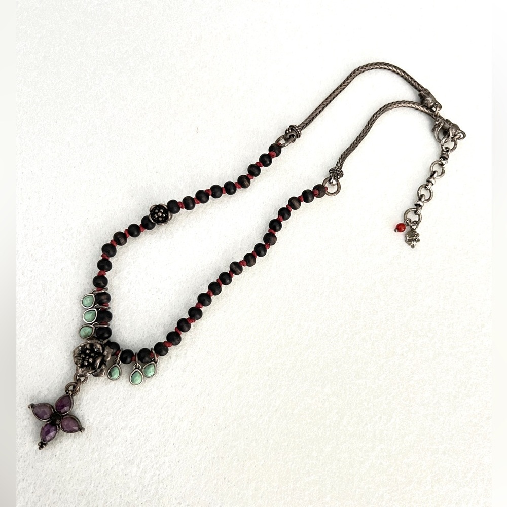 Lucky Brand Beaded Necklace Floral Charm Silver Tone Purple Bohemian - Picture 3 of 14